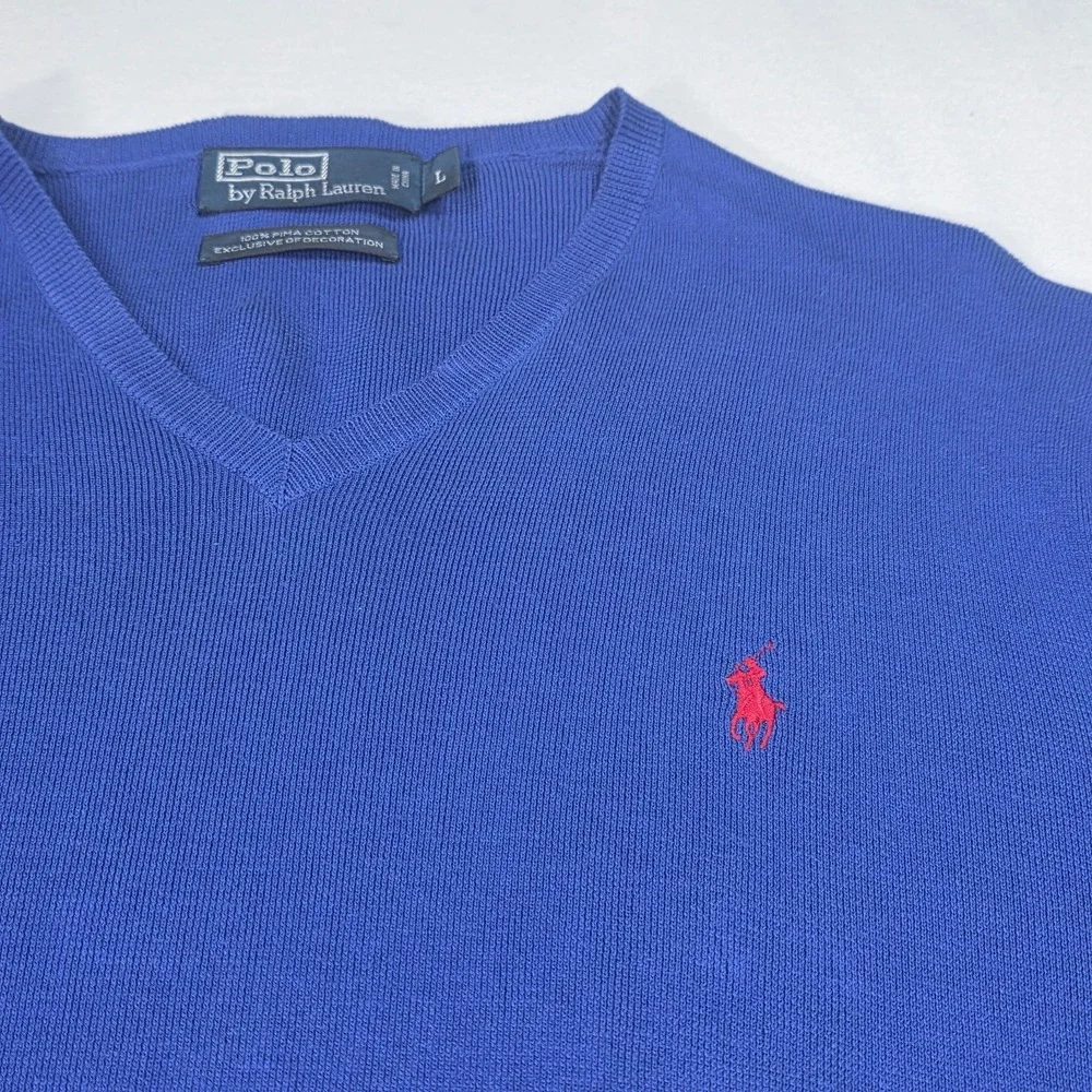 Vintage Y2K RALPH LAUREN POLO Jumper Sweater V-Neck Blue Size L‎ Pima Cotton